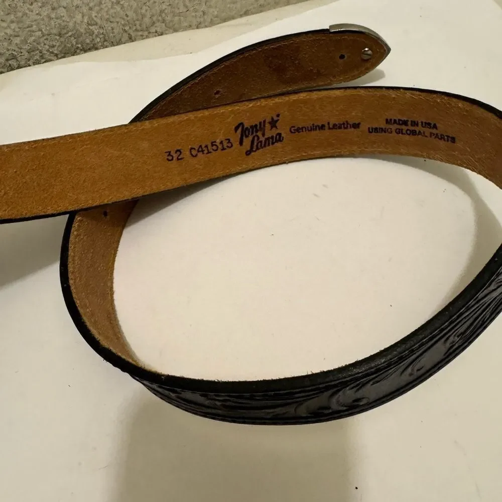 Tony Lama Black Leather Belt with Silver Buckle
